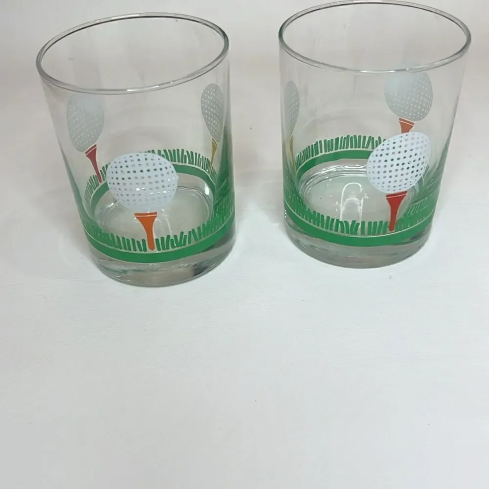 19th Hole Golf On The Rocks Glasses 3 1/4 In Round 12 Oz Set 2 Balls Green Tee